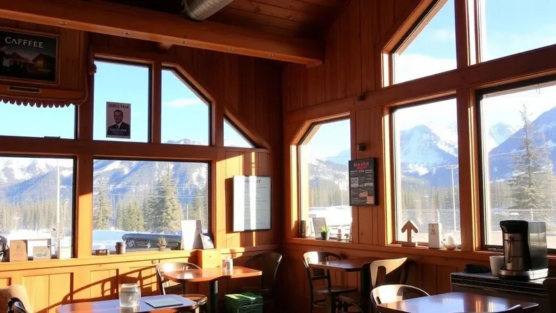Cozy Alaskan business interior with mountain view