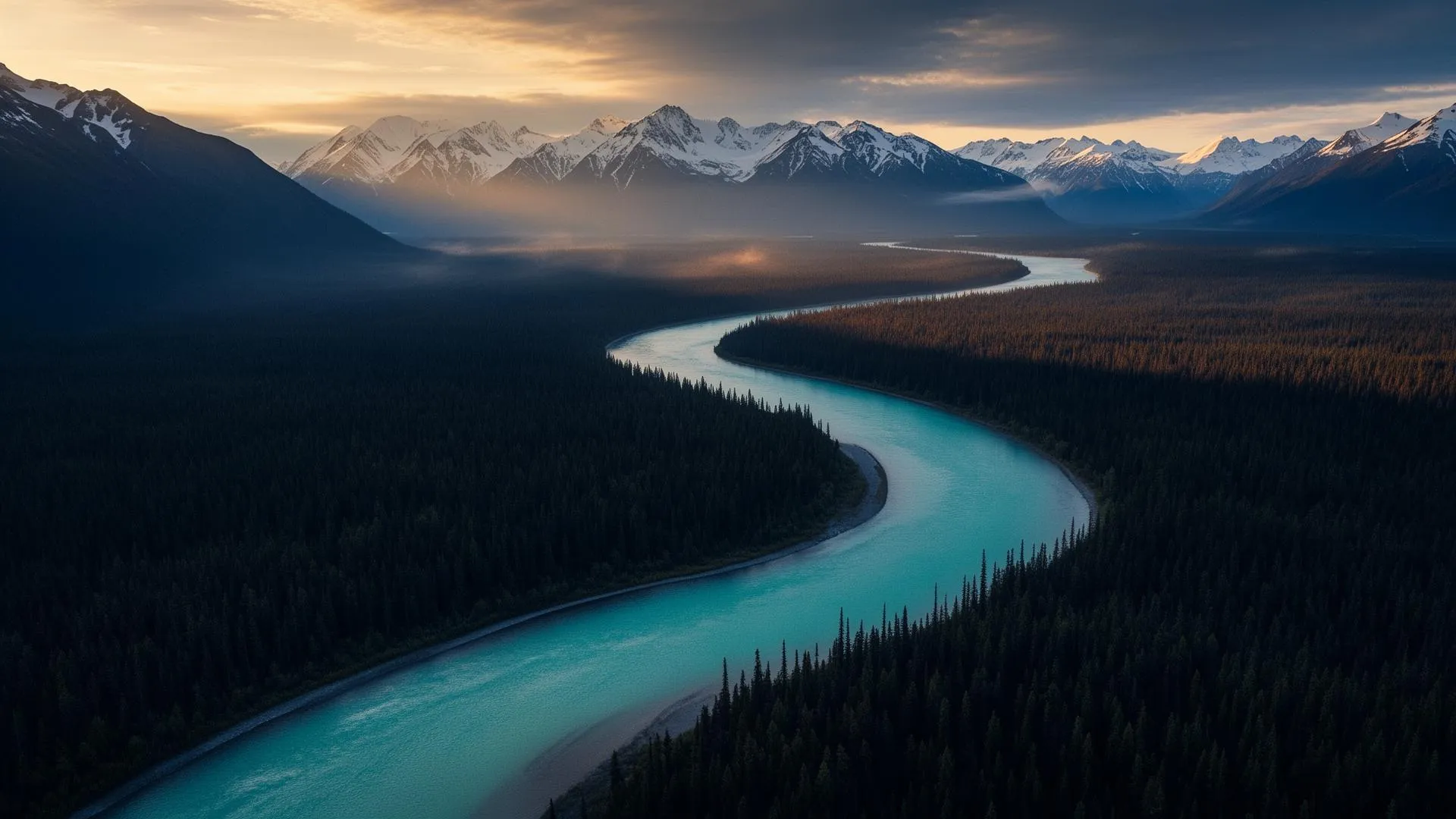 Aerial view of the Kenai River winding through Alaska's spruce forest at golden hour